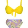 Yellow 1960s Plant Prints Halter Bow Swimsuit