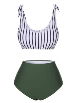 White & Green 1930s Stripe Shoulder Tie Swimsuit