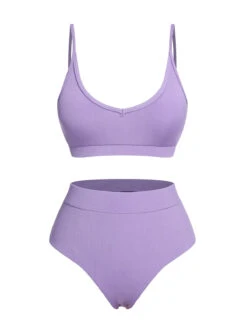 Purple 1950s Spaghetti Straps Solid Swimsuit