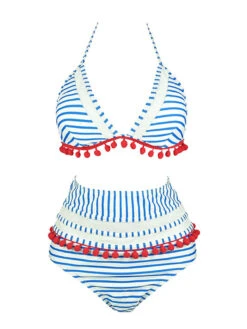 1970s Fur Ball Pendant Tassel Striped Swimsuit