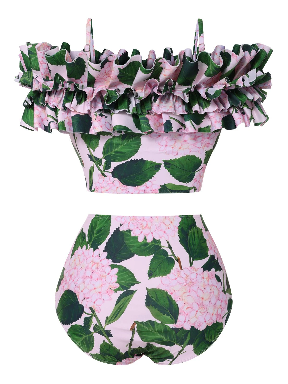 Pink 1950s Cold-Shoulder Floral Ruffle Swimsuit - Image 3