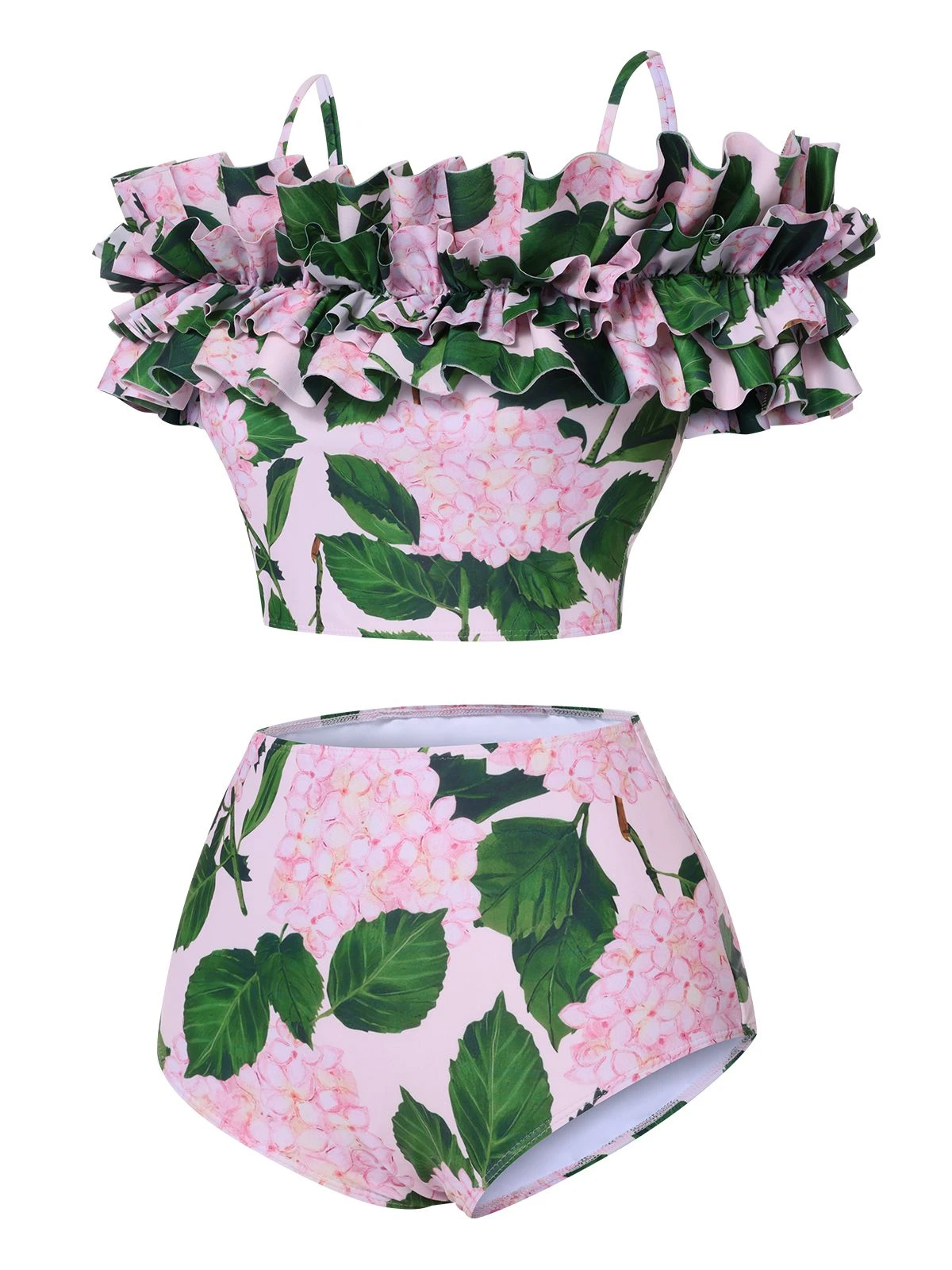 Pink 1950s Cold-Shoulder Floral Ruffle Swimsuit - Image 2