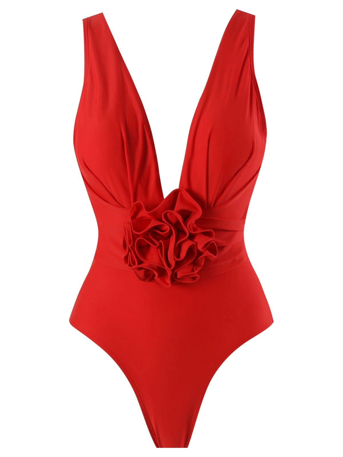 2PCS Red 1960s Solid 3D Flowers Swimsuit & Cover-Up - Image 2
