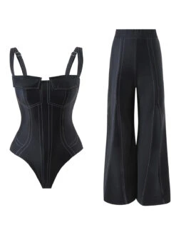 2PCS Black 1940s Gothic Straps Swimsuit & Pants