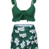 Green 1960s Strap Floral Ruffles Swimsuit