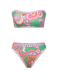 Green 1960s Hippie Print Bandeau Bikini