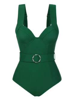 Green 1930s Solid Belt Backless Swimsuit