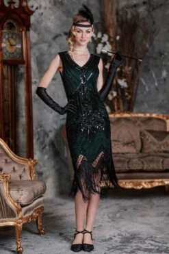 [US Warehouse] Dark Green 1920s Sequined Flapper Dress