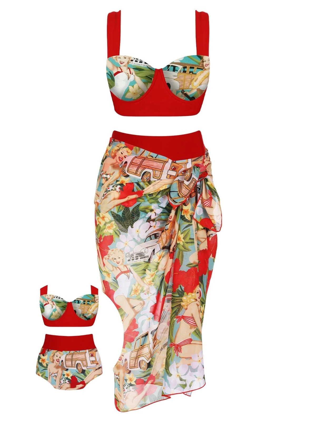 3PCS Red Retro Lady Bikini Set - Image 4
